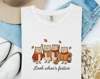 Owl Group Shirt Halloween Fall Gift Women Cute Tee Owls T-Shirt Halloween Fan Cartoon Tshirt Autumn Graphic Hand Drawn Broom Tshirt