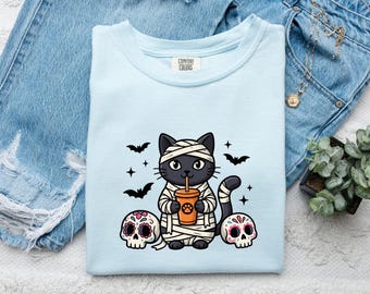 Maglietta Mummia Gatto Regalo Halloween Gatto Donna Maglietta Cartone Animato Gattino Maglietta Horror Fan Fumetto Maglietta Felina Grafica Kawaii Teschi di Zucchero