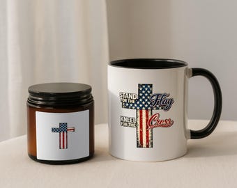 キリスト教愛国マグカップとキャンドルセット、国旗のために立ち上がり十字架のためにひざまずく、信仰の贈り物、宗教の贈り物、アメリカの十字架の贈り物、男性への贈り物
