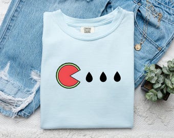 Maglietta con spicchio di anguria, regalo per uno spuntino estivo da donna, maglietta con disegno a linee, maglietta con melone, maglietta estiva con grafica a palla di melone e chicchi di mais.