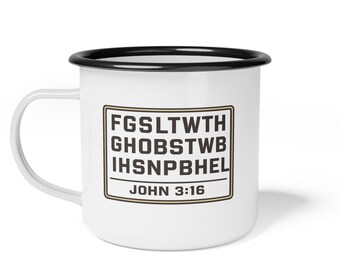 Tazza da campeggio smaltata con la scritta Giovanni 3:16 / Tazza puzzle con versetti biblici / Tazza da caffè cristiana / Regalo per avviare una conversazione sulla fede per i credenti