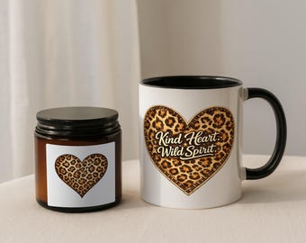 ヒョウ柄ハートマグカップ＆キャンドルセット、優しい心とワイルドな精神のギフト、チーター柄ギフト（女性向け）、インスピレーションギフト、女性への誕生日プレゼント
