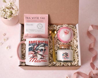 アメリカンママギフトセット、愛国的なママギフトボックス、母の日ギフト、マママグキャンドルティーセット、7月4日のママギフト、アメリカのママギフト、ママへのギフト