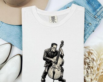Creature Musician Shirt Halloween Sound Gift Women Classic Tee Monster T-Shirt Horror Fan Vintage Tshirt Audio Graphic Line Art Bass Fiddle