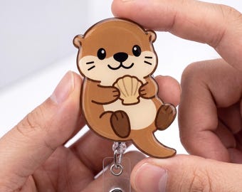 Cute Sea Otter Badge Reel Retractable ID Holder Seashell Otter Acrylic Nurse Badge Clip Kawaii Animal Gift