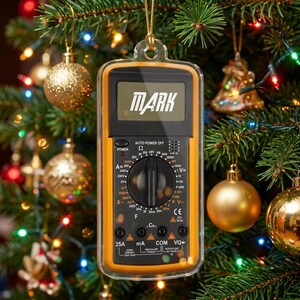 May include: A digital multimeter with a yellow protective casing and a black faceplate featuring the word MARK on the display screen. The device has a central rotary dial, multiple input ports, and a gold string loop attached for hanging as an ornament.