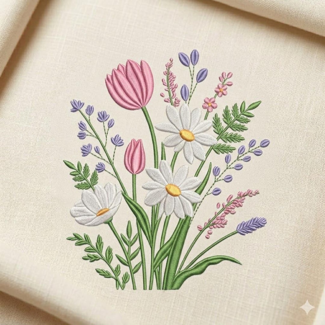 Tulip Daisy Wildflower Bouquet Embroidery Design, Floral Spring Machine ...