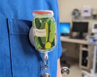 Cute Pickle Jar Badge Reel Retractable ID Holder Funny Pickle Lover Gift Acrylic Nurse Badge Clip Cottagecore Mason Jar