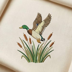 Flying Mallard Duck Embroidery Design, Wildlife Bird with Cattails Machine Embroidery File, Nature Outdoor Stitch Pattern
