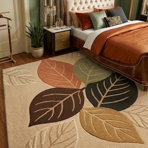 植物の葉模様のラグ、ニュートラルなベースにアースグリーンとラスティトーン