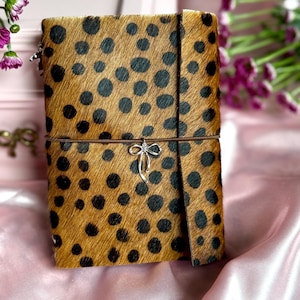 Thin A6 Spotted Hair-On-Hide Journal, Handmade Refillable Leather Notebook, Mini Travel Journal