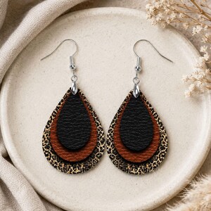Layered Leopard Teardrop Earrings, Faux Leather Look Double-Sided Dangles