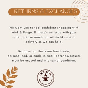 text that provides information about returns and exchanges for a product, specifically a handmade item. The text encourages customers to reach out within 14 days of delivery for assistance with any issues, and mentions that returns must be unused and in the original condition.