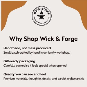 The image is a promotional poster for a company called "Wick & Forge", which specializes in handmade, handcrafted metal and candle products. The poster highlights the company's commitment to quality, craftsmanship, and uniqueness, emphasizing that their products are not mass-produced and are instead handcrafted in a small-batch workshop. The poster also mentions gift-ready packaging, which adds to the special experience of opening the product.