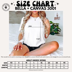 Bella Canvas 3001 unisex t-shirt size chart showing width and length measurements with model fit reference and adult sizing from XS to 4XL