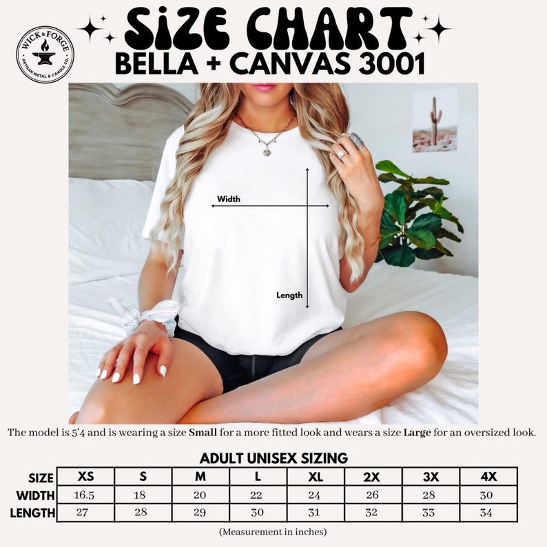 Bella Canvas 3001 unisex t-shirt size chart showing width and length measurements with model fit reference and adult sizing from XS to 4XL