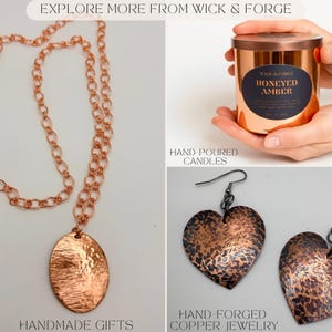 The image is a collage of four photos showcasing various copper-colored items, including a necklace, a candle, a pair of earrings, and a pendant.