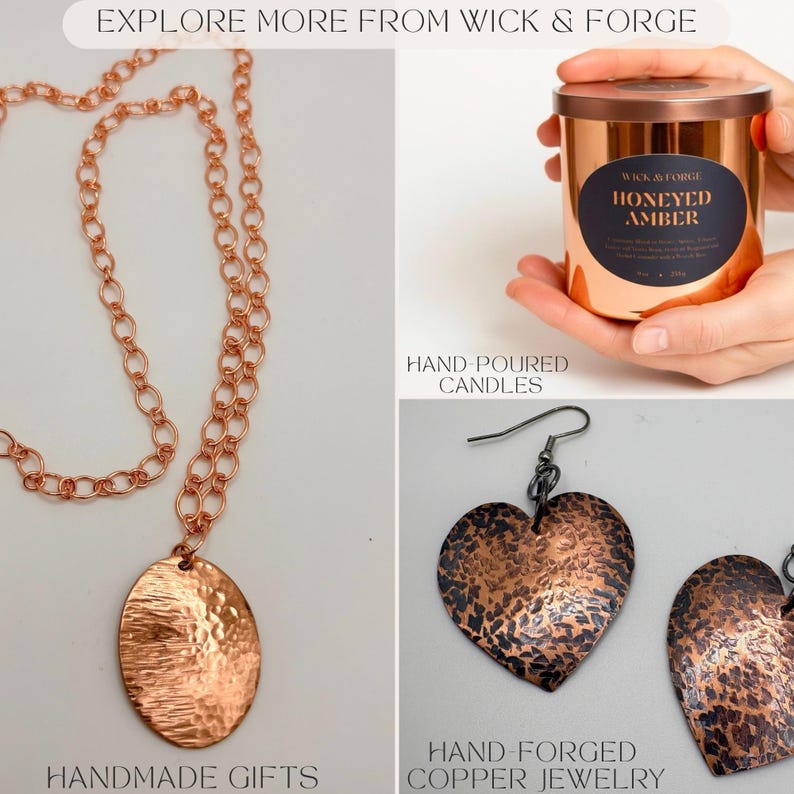 The image is a collage of four photos showcasing various copper-colored items, including a necklace, a candle, a pair of earrings, and a pendant.