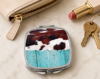 Western Cowhide Compact Mirror, Turquoise Rustic Design (Travel Size)