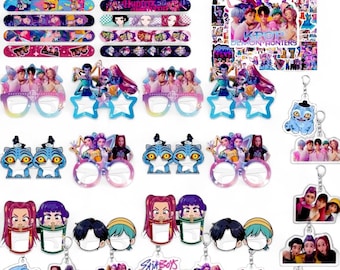 May include: A collection of K-pop themed accessories, including stickers, bracelets, keychains, and decorative glasses. The items feature colorful illustrations of K-pop stars and anime-style characters. The color palette includes pink, blue, purple, and white.
