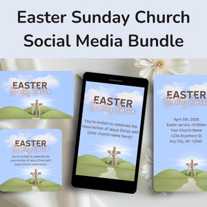 Puede incluir: Un paquete de redes sociales para la iglesia del Domingo de Pascua con el texto "Easter Sunday Service" sobre fondos azul claro. El diseño incluye una cruz en una colina, nubes y detalles del evento.