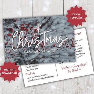 May include: Christmas postcard template with a snowy background, red berries, and the word "Christmas" in white script. Includes text "At Church Name" and "Instant Download".