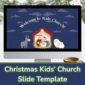 May include: A computer monitor displays a Christmas-themed slide template. The slide features a nativity scene with a donkey and sheep against a starry night sky. Text reads "Welcome to Kids' Church!" and "Christmas Kids' Church Slide Template."
