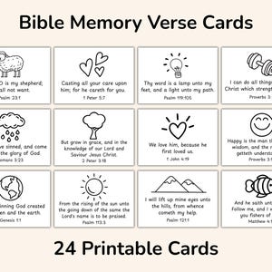 May include: Set of 24 printable Bible Memory Verse Cards. Each card features a black and white illustration and a corresponding verse from the Bible. The cards are designed with simple line art and text, perfect for memorization and study.