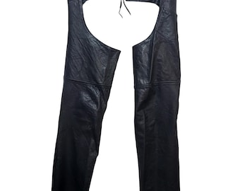 Vintage Black Leather Motorcycle Chaps Adjustable Buckle Side Zip Biker Pants