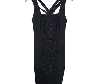 VTG Carole Little Petite Black Lace Panel Sheath Dress Crisscross Back Size 10