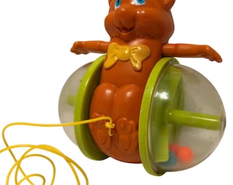 Vintage 1978 Fisher Price 642 Tumble Bear Pull Toy Orange Rattle Made in USA