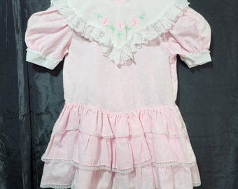 Vintage Pink Floral Lace Bib Collar Tiered Prairie Dress Kids Size 5 RN 16435