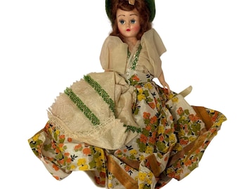 Vintage Hard Rock Plastic Souvenir Doll 8 In Floral Dress Sleep Eyes Green Hat *