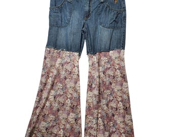 Baby Phat Vintage Y2K Floral Flare Wide Leg Jeans Blue Denim Boho Women 11/12
