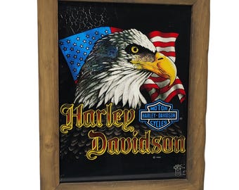 Vintage 1986 Harley Davidson Eagle American Flag Framed Mirror Art 19x14 3/4