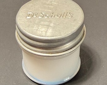 Vintage Dr Scholls Milk Glass Jar with Embossed Aluminum Lid Small Apothecary