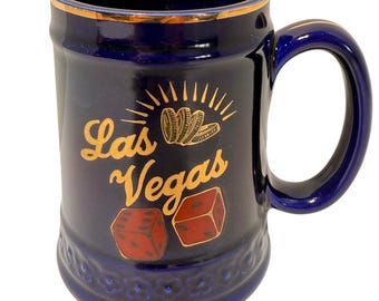 Vintage Las Vegas Cobalt Blue Ceramic Mug Dice Poker Chips Japan