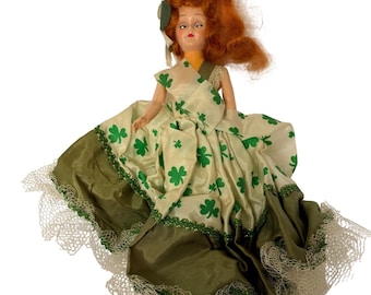 Vintage St Patricks Day Irish Doll Red Hair Shamrock Dress Green Lace 8 Inch *