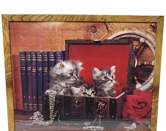 Vintage 1985 Saint Chateaux Galleries Kittens in Treasure Chest Framed Art 21x17