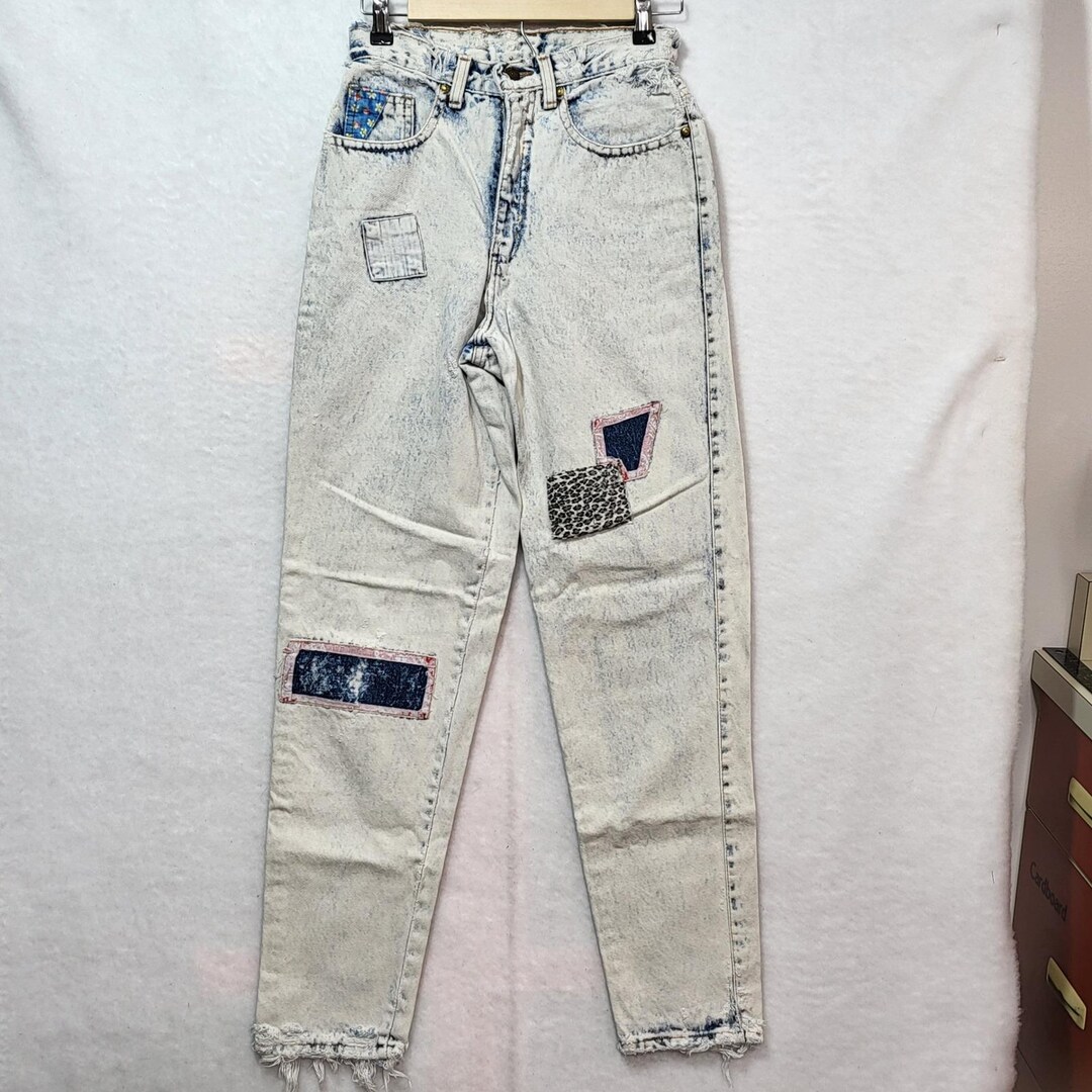 Vintage Zena Acid Wash Patchwork Jeans Womens 6 High Rise Tapered Print ...