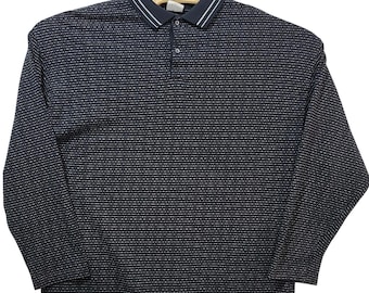 Vintage Le Tigre Hot Jazz Mens Navy Blue Dash Pattern Long Sleeve Polo Shirt L