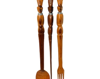 Vintage Hand Carved Tribal Wood Salad Serving Set Fork Spoon Skewer 3pc 14.5in