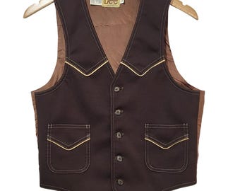 Vintage Lee Mens Brown Western Waistcoat Vest 38R Made in USA Cowboy 70s 80s