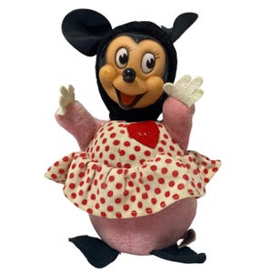 Vintage Walt Disney Minnie Mouse Gund Rubber Face Plush Roly Poly Rattle * afbeelding 1