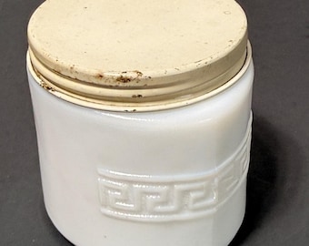 Vintage Woodbury Milk Glass Cold Cream Jar Greek Key Pattern Metal Lid White