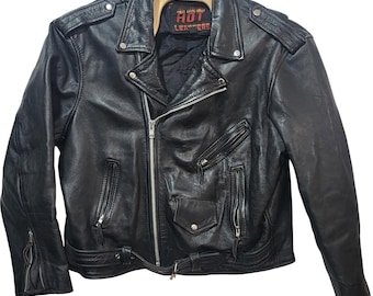 VTG Hot Leathers Mens Black Leather Biker Jacket Eagle American Flag Belted