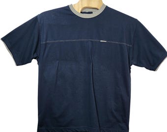 Point Zero Mens XL Navy Blue Grey Ringer T-Shirt Short Sleeve Logo Patch Vintage