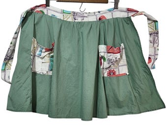 Vintage Sage Green Half Apron Novelty Print Pockets Retro Mid-Century Modern