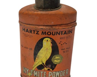 Vintage Hartz Mountain My-T-Mite Powder Tin Canary Bird Shaker 400-20 USA Made