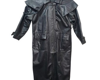 VTG First Genuine Leather Duster Coat Black Western Cape Trench Jacket Mens L *